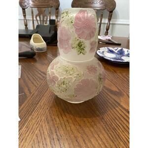 Vintage Floral Frosted Glass Bedside Water Carafe And Cup
